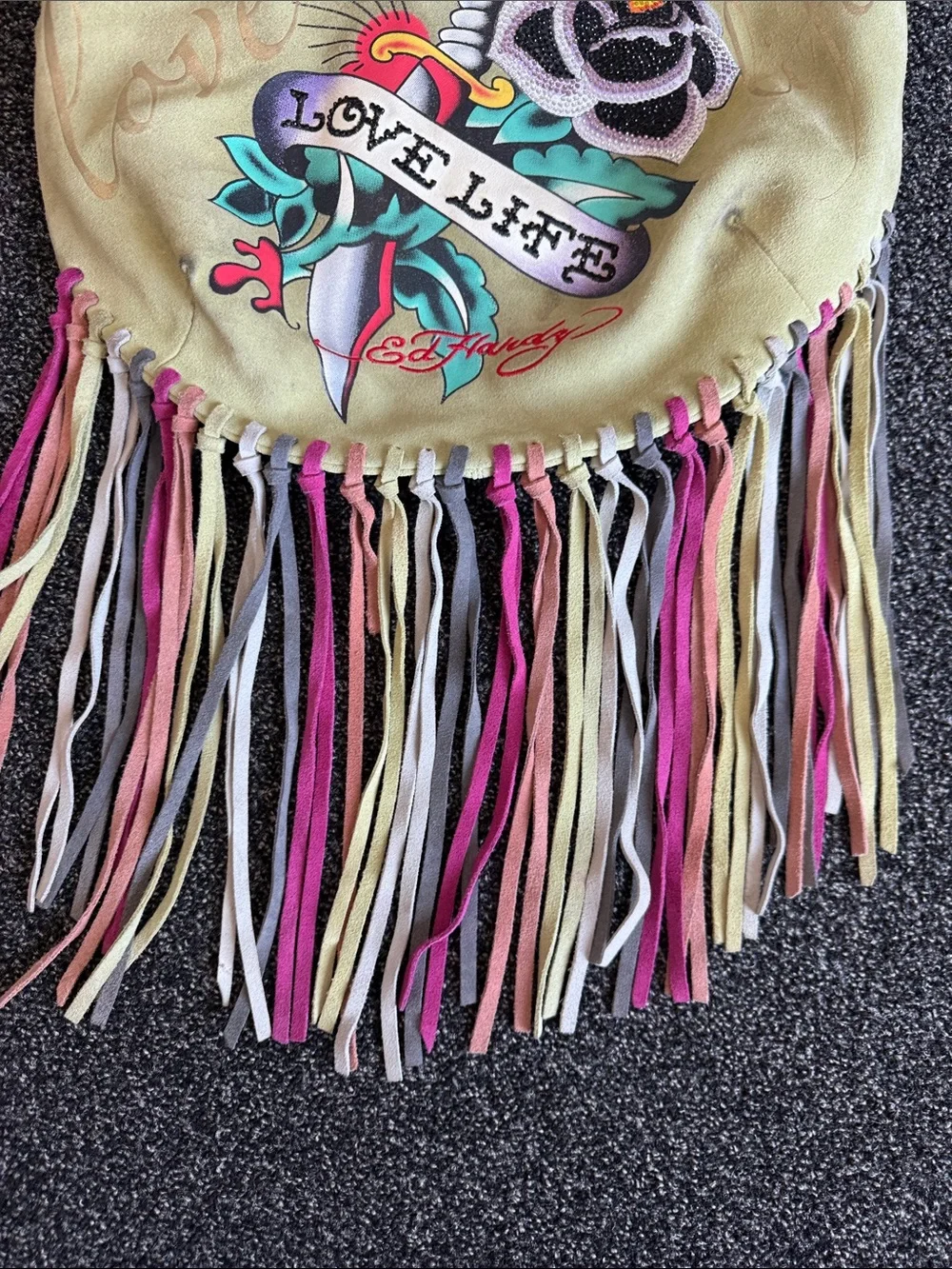 RARE Ed Hardy Yellow-Green 'Love Life' Fringe Y2K Hobo Bag